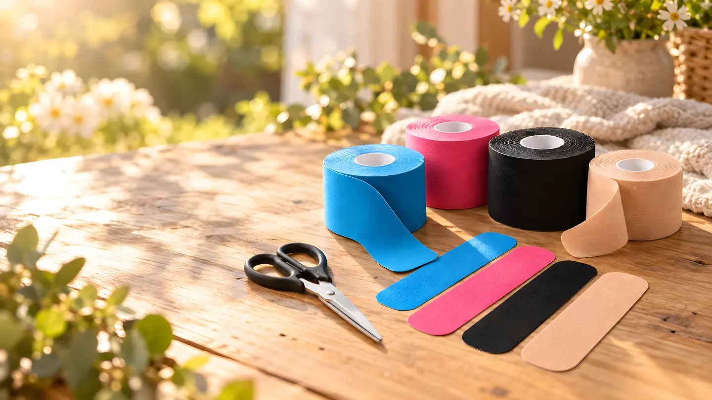 Bunte Kinesio-Tapes und Schere auf einem Holztisch im warmen Sonnenlicht